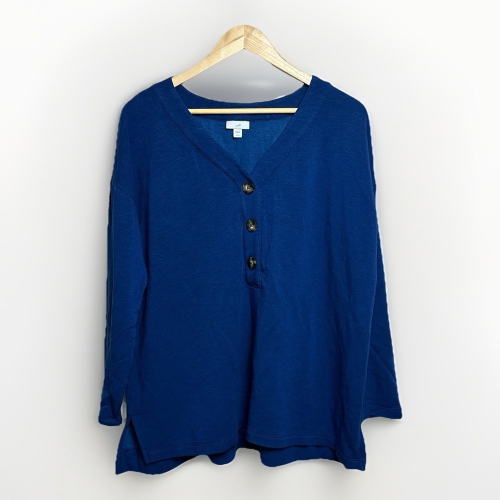J JILL‎ Blue Long Sleeve Henley Top Women's Large Petite Pullover Button Front